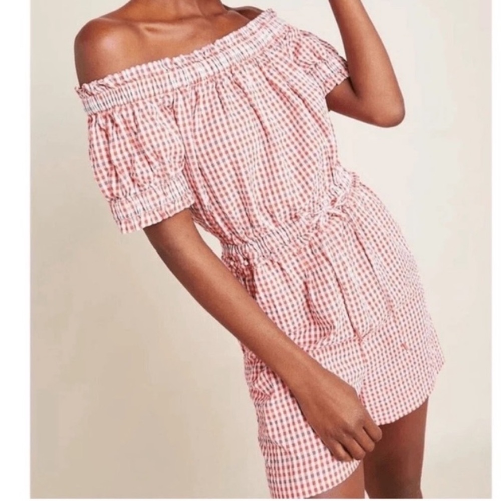 Anthropologie Pink Gingham Off-Shoulder Romper